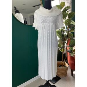 Dressbarn Cable Knit Sweater Dress Womens 14 White Short Sleeve Button Cowl Neck